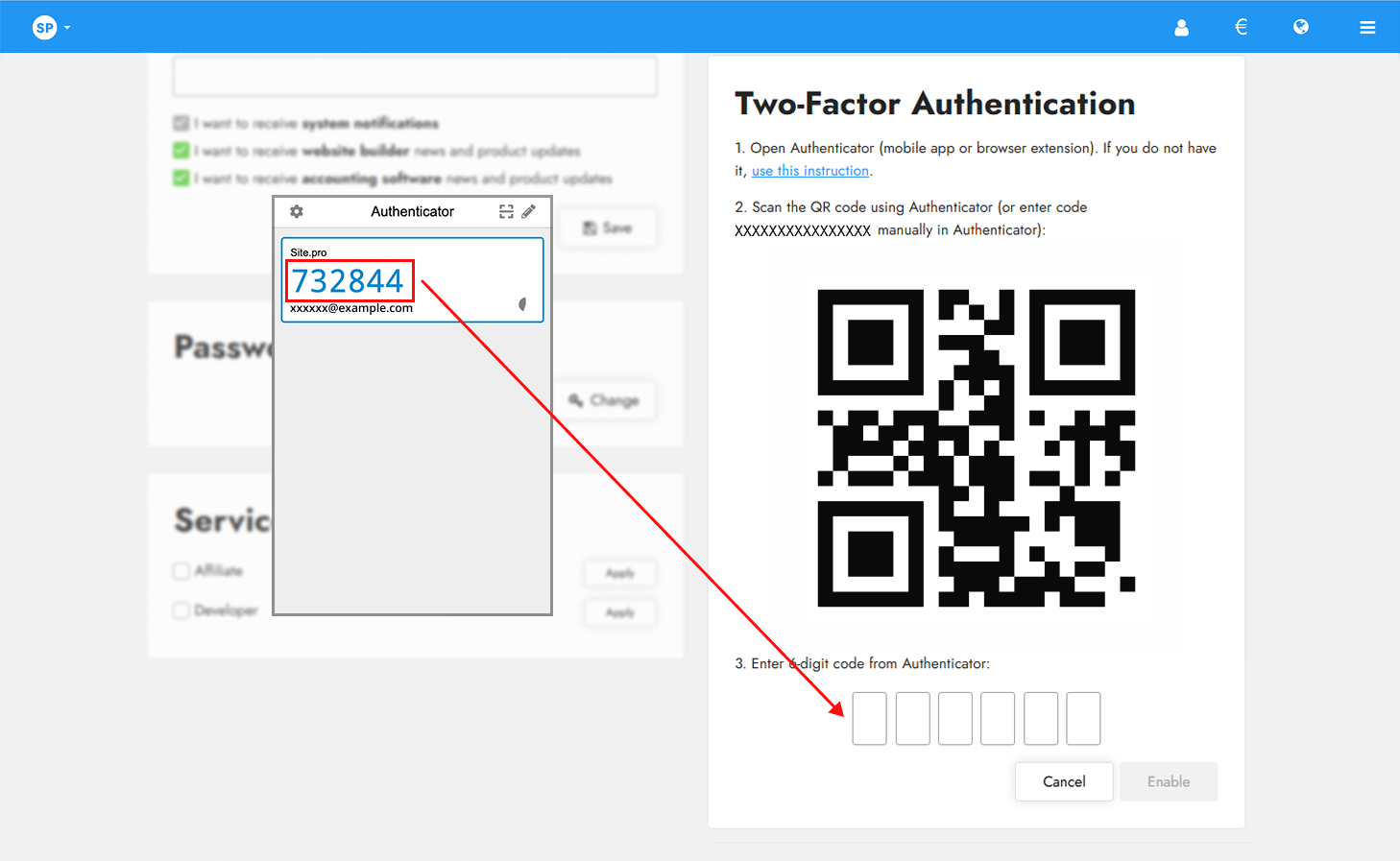 Autentifikatoriaus sugeneruoto 2FA kodo įvedimas kompiuteryje